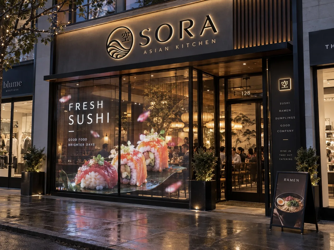 Restaurant transparent LED storefront concept visualization