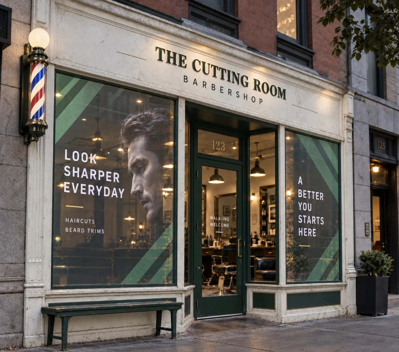 BARBERSHOP transparent LED storefront concept visualization