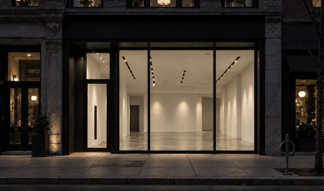 Ordinary storefront at night before installation